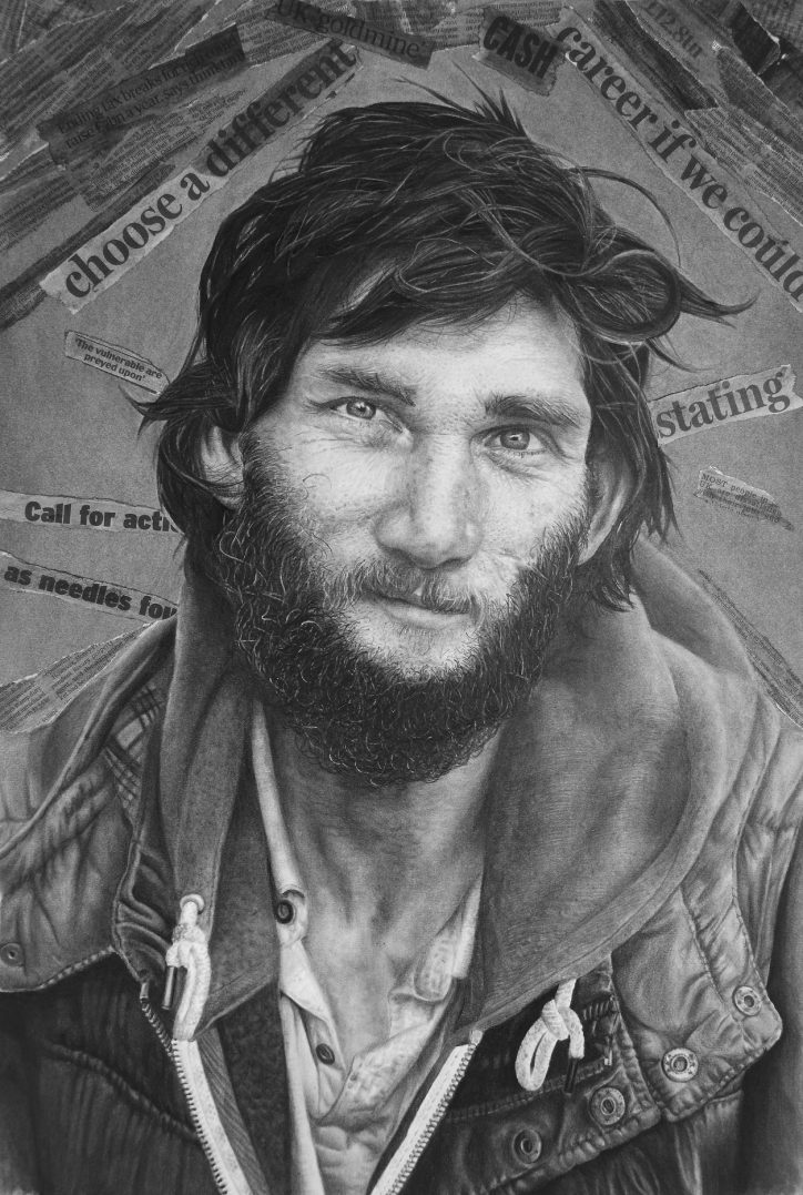 Photorealism drawing of homeless man Ramone