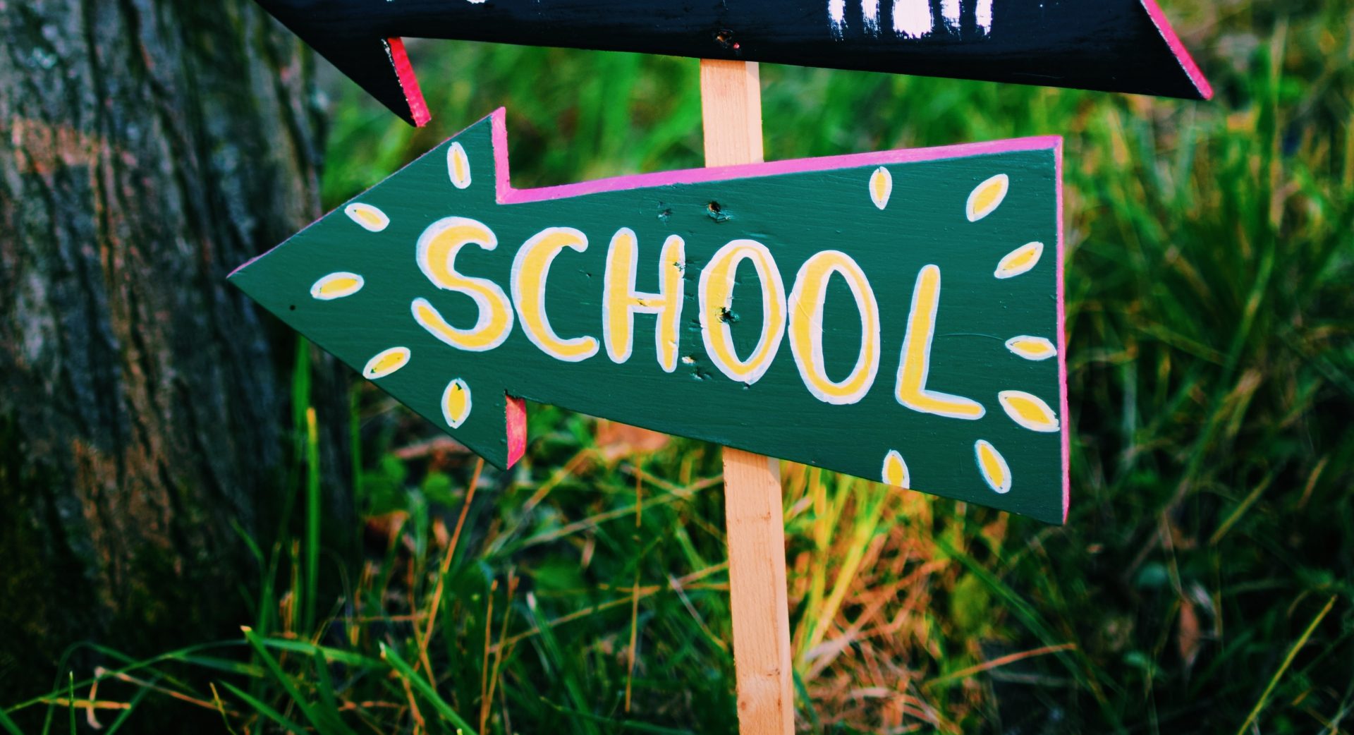 A sign with a 'school' arrow