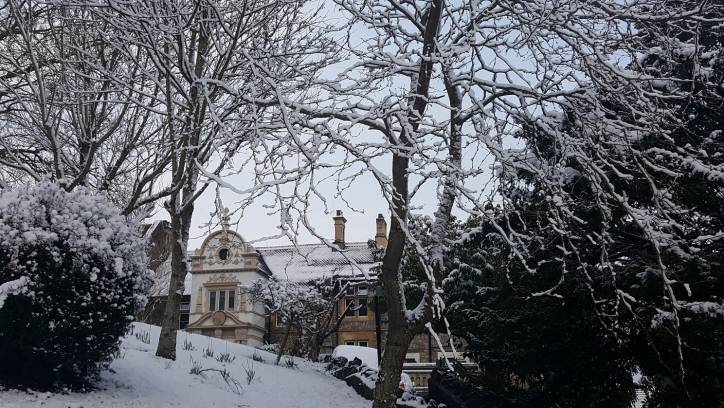 Outside Broadway Lodge in the snow