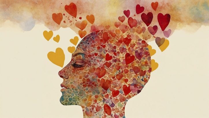 A colourful watercolour-effect illustration of a woman's head with hearts coming out of it.