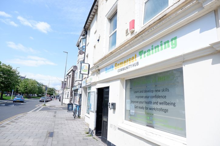 terraced shops and blue sky